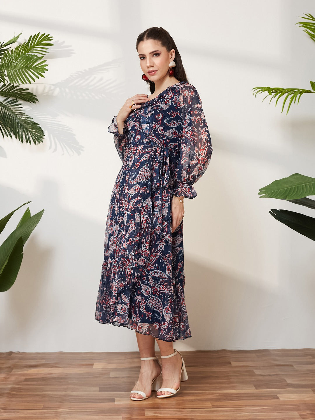 Navy Blue V Neck Full Sleeves Polyester Relaxed Fit Midi Length Dress for Women