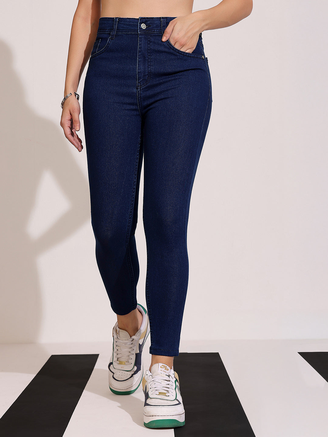 Women's Navy Blue Skinny Fit High Rise Clean Look Cropped Length Stretchable Denim Jeans
