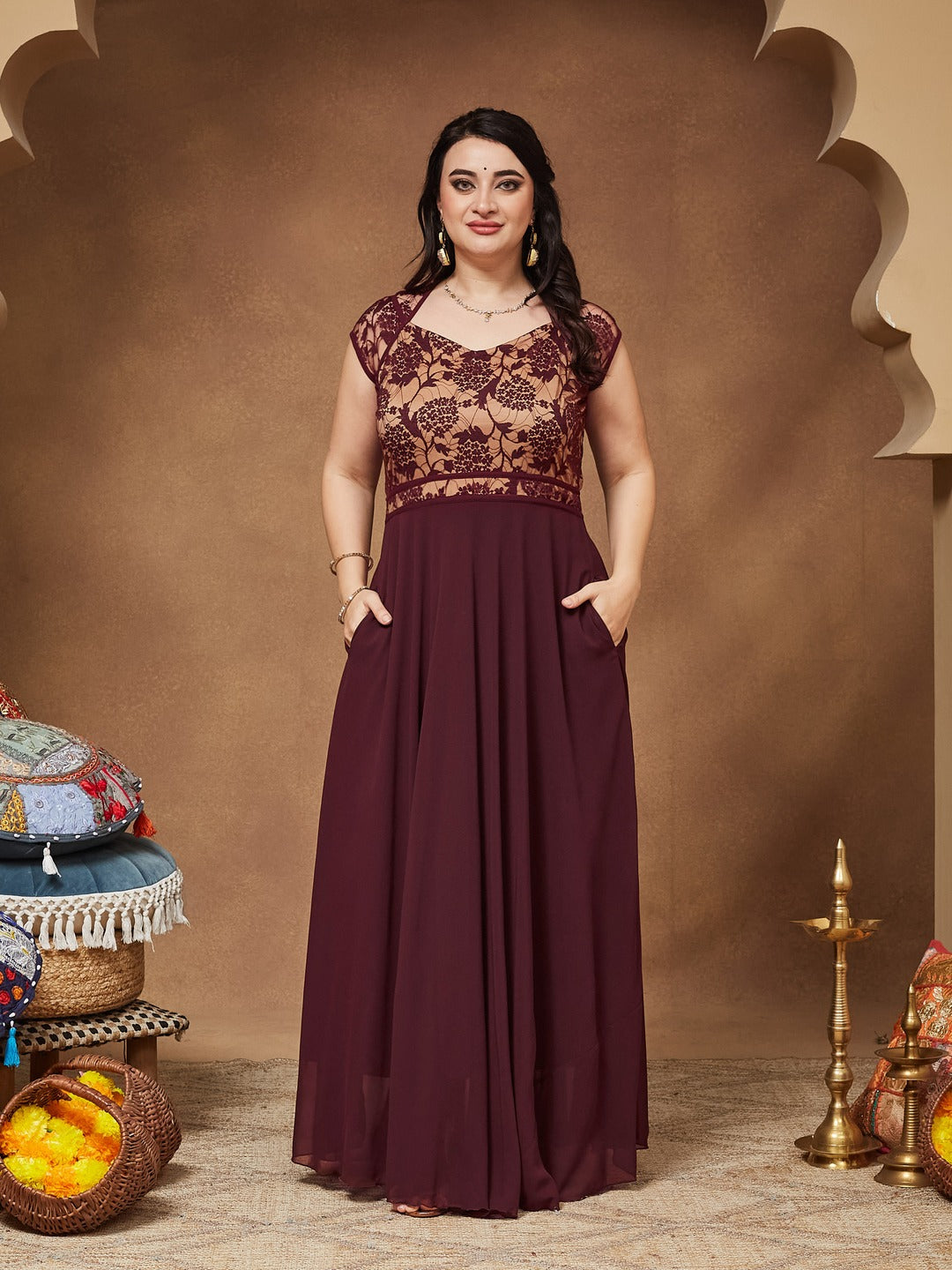 Wine & Beige Floral V - Neck Cap Short Sleeves Lace Overlaid Fit & Flare Paneled Maxi Dress for Women
