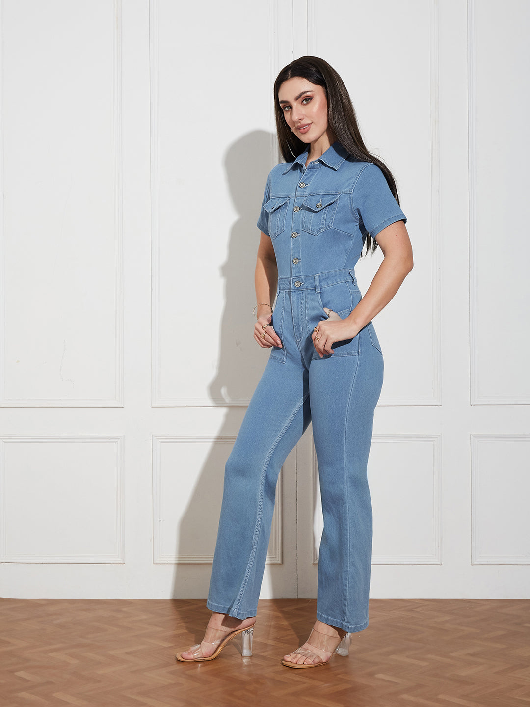 Women's Light Blue Flared High Rise Regular Length Stretchable Denim Jumpsuit