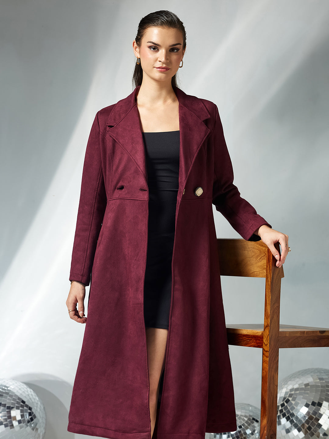 Women's Wine Solid V-Neck Full Sleeves Side Pocketed Polyester Double Breasted Longline Jacket