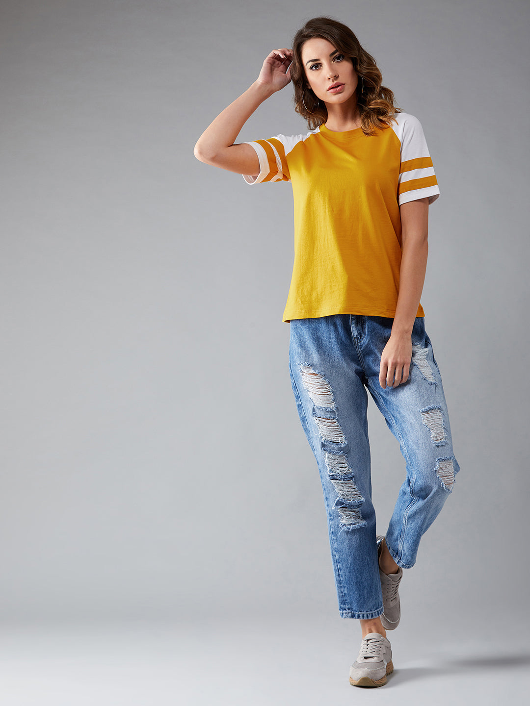 Women's Mustard and white Round Neck Short Sleeve Solid Basic Regular T-Shirt