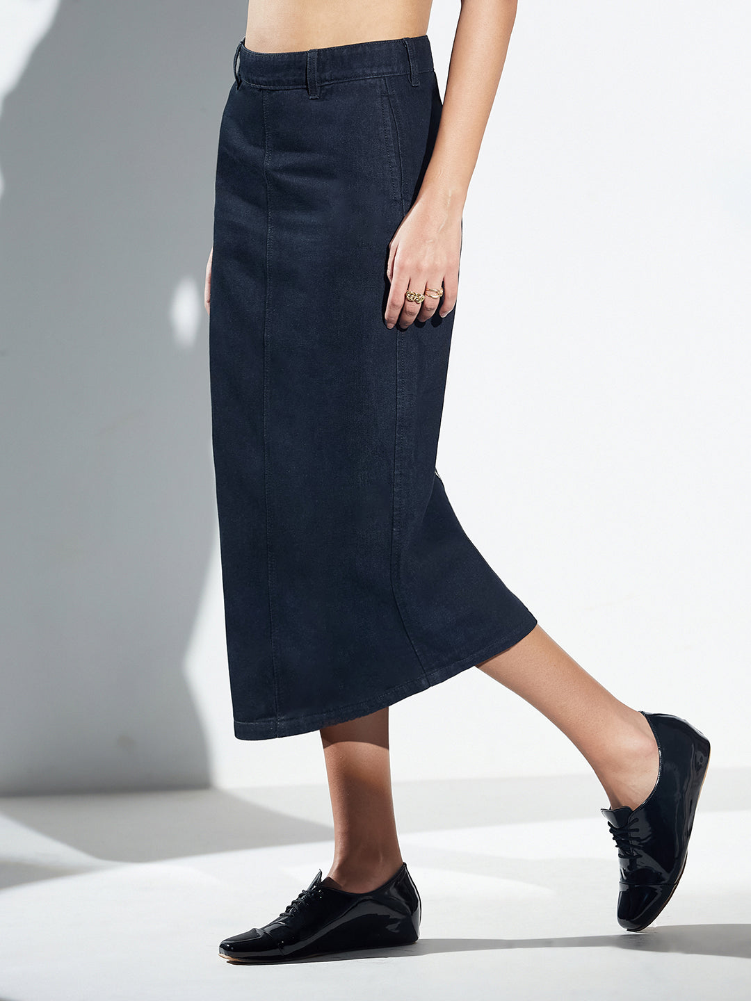 Black High-Rise Straight Fit Denim Midi Skirt with Zip Closure & Back Slit For Women