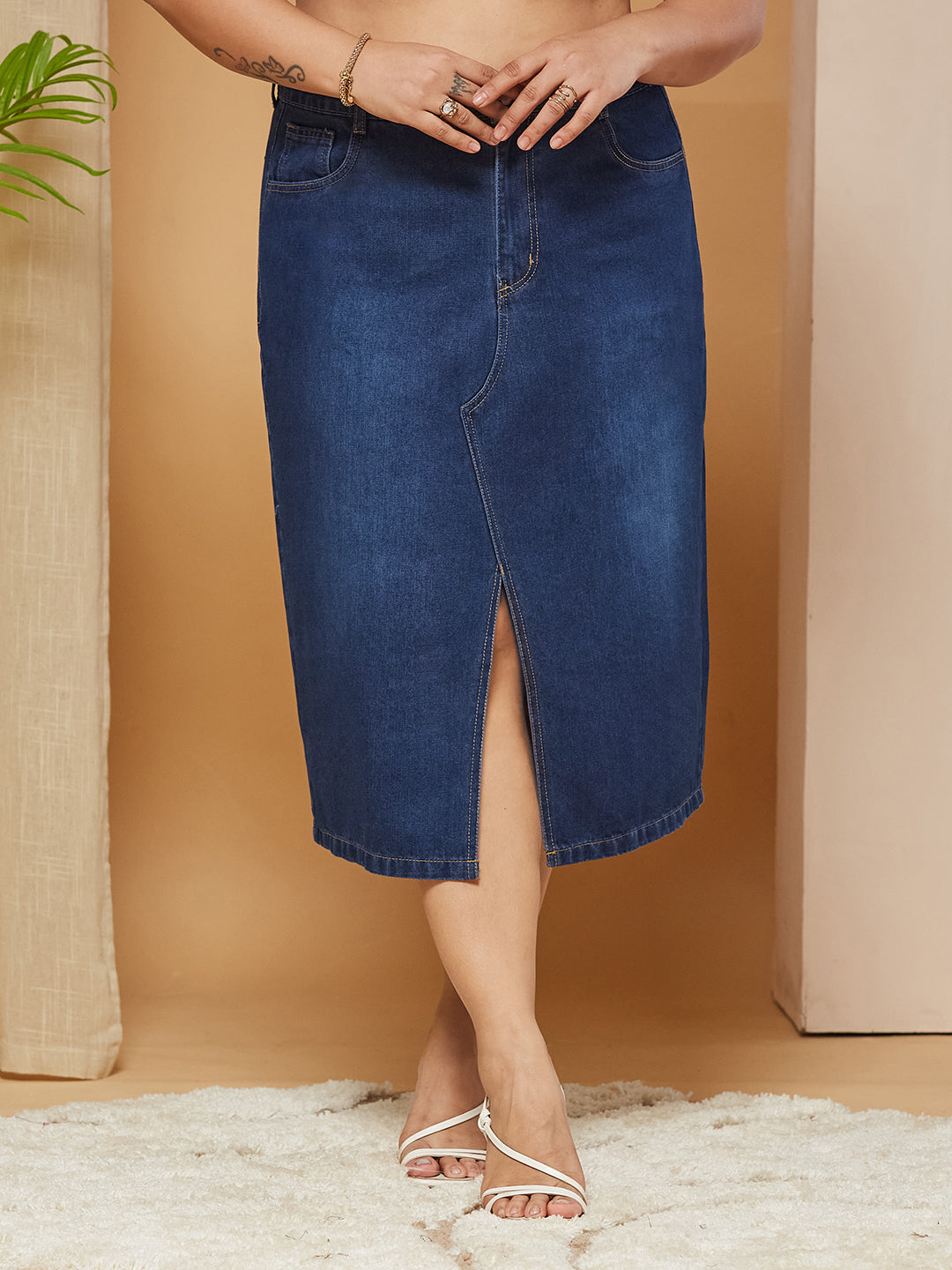 Dark Blue A-Line High-Rise Non-stretchable Denim Midi Skirt for Women