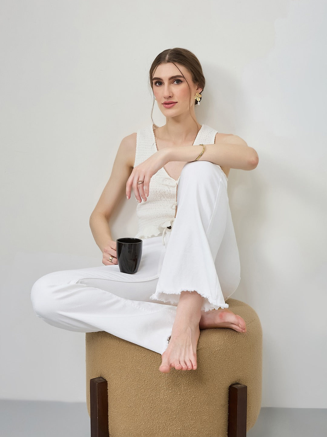 White Bootcut high-rise Stretchable Denim Jeans for Women