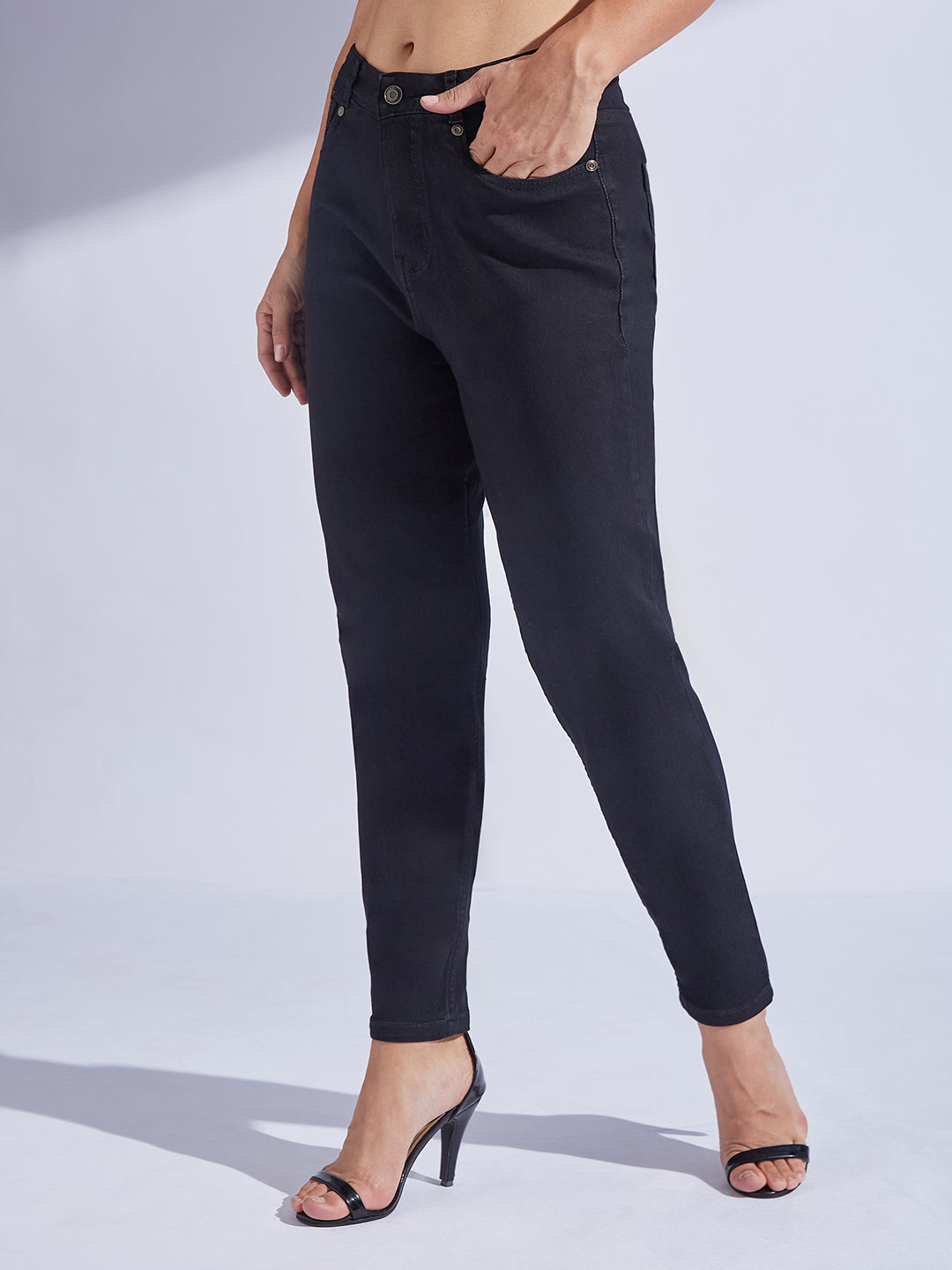 Women's Black High-Rise Regular-Length Stretchable Denim Mom's Jeans