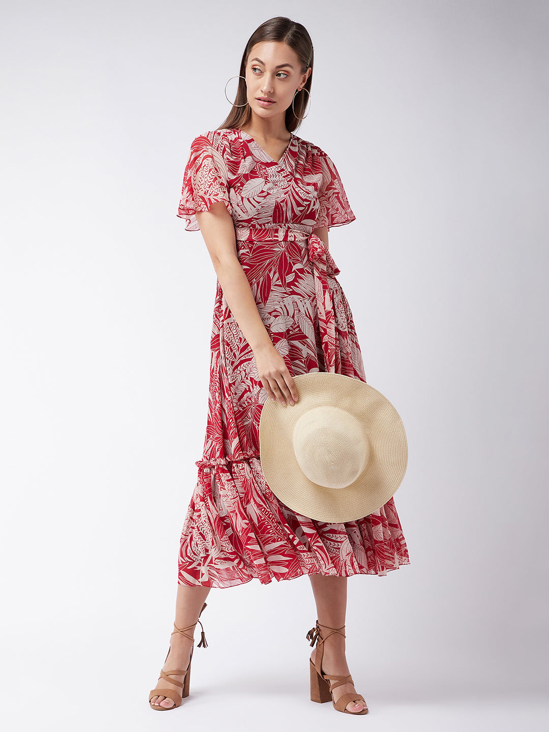Maroon Floral Printed Flutter Sleeves Maxi Dress for Women