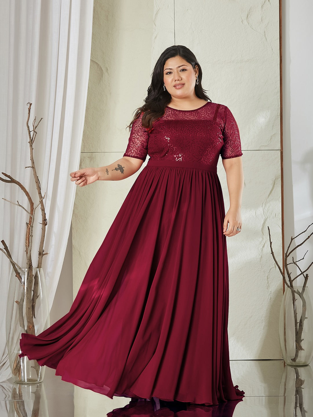 Maaroon Relaxed Fit Maxi Georgette & Sequins Dress for Women