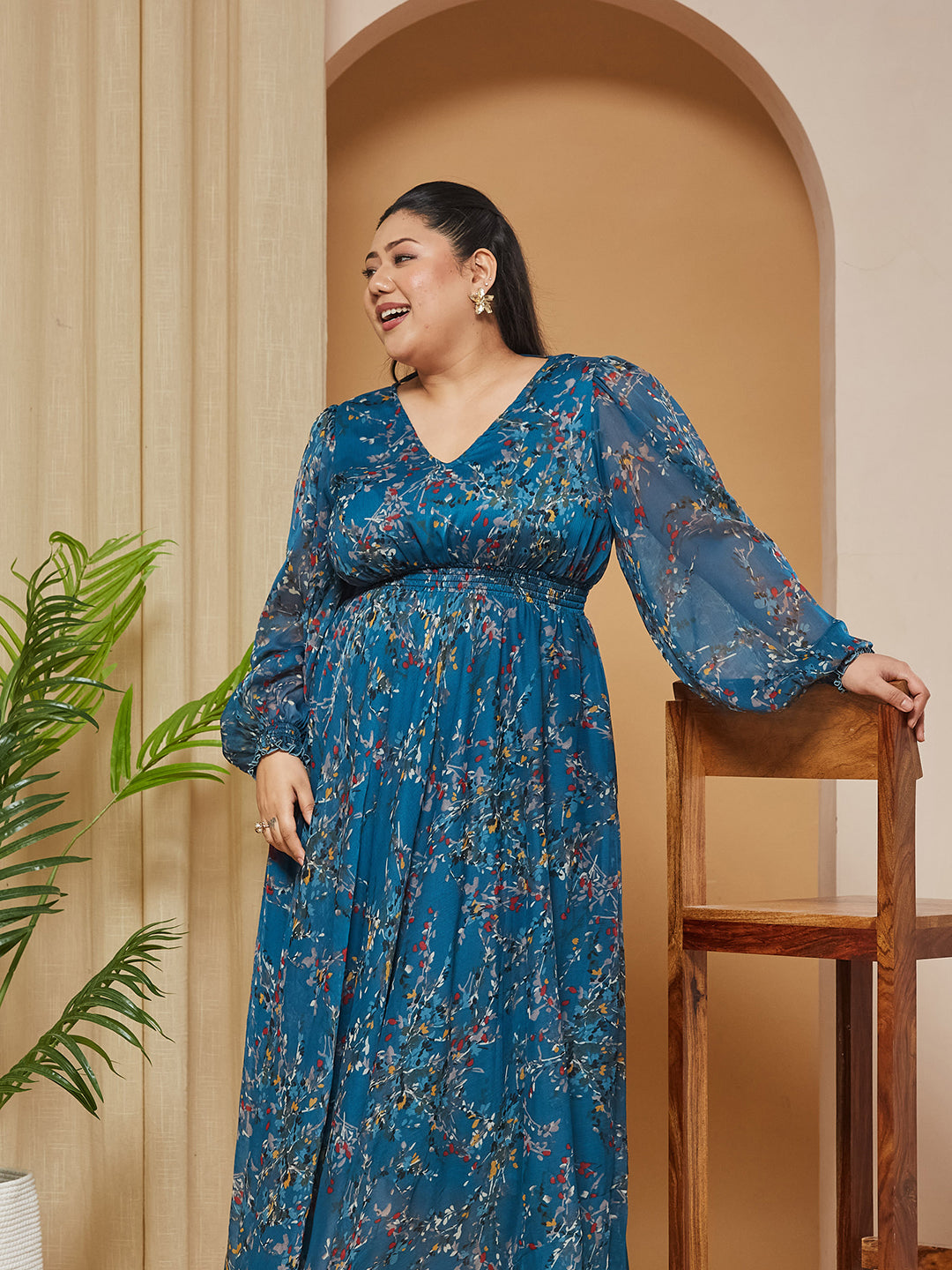 Multicolored-Base-Teal V-Neck Smocked Bishop-Sleeves Floral Gathered Chiffon Maxi Dress for Women