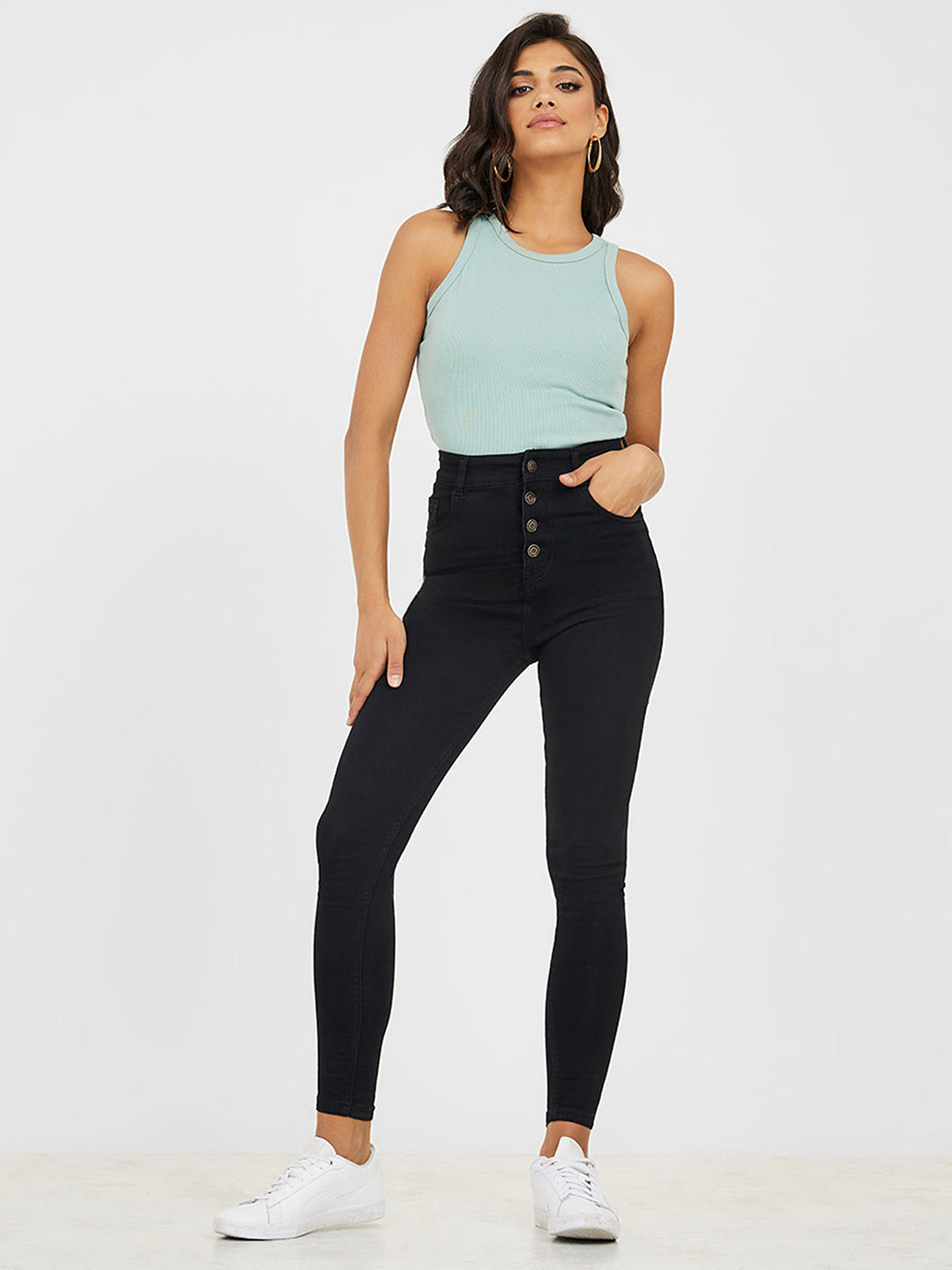 Women's Navy Blue Flared High Rise Regular Stretchable Denim Jumpsuit