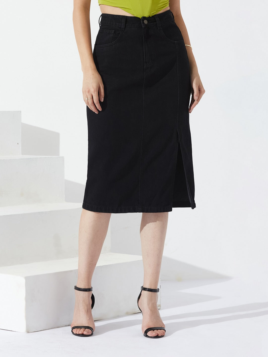 Black Straight-Fit High-Rise Stretchable Denim Midi Skirt for Women