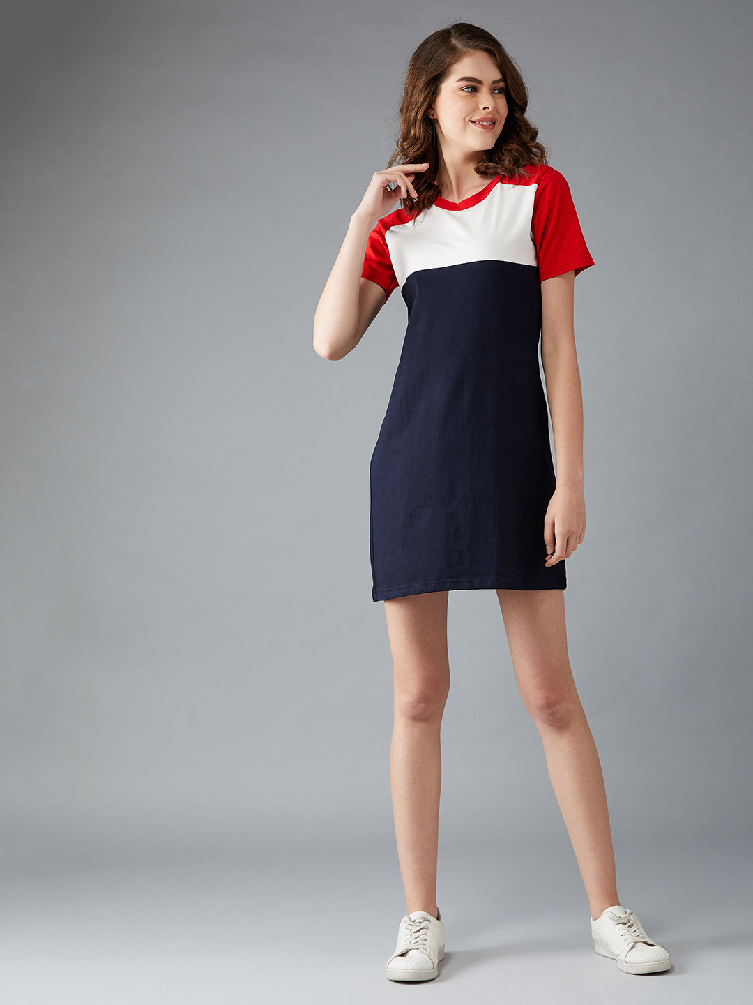 Women's Navy Blue, White, Red Round Neck Short Sleeve Solid Paneled Mini Dress