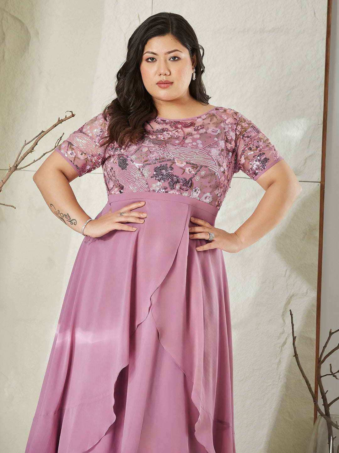 Dusty Pink Square Neck Half Sleeve Solid Embellished Maxi Dress for Women