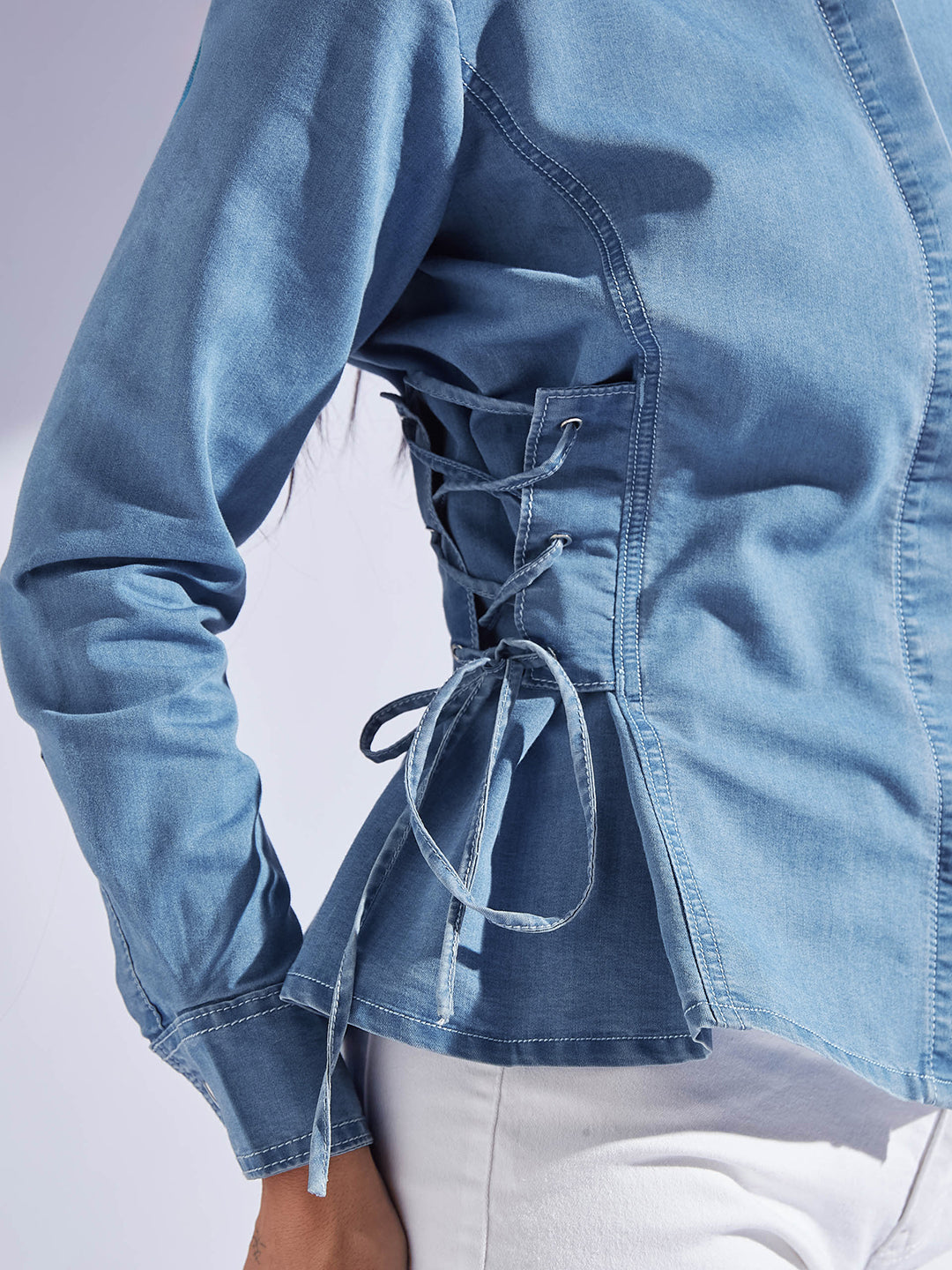 Women's Light Blue Shirt Collar Full Sleeve Adjustable Tie Up Regular-Length Denim Shirt