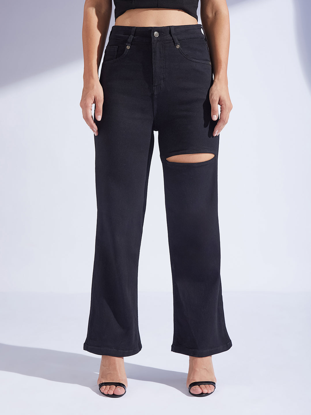 Black Straight-Fit High-Rise Regular-Length Stretchable Denim Jeans for Women