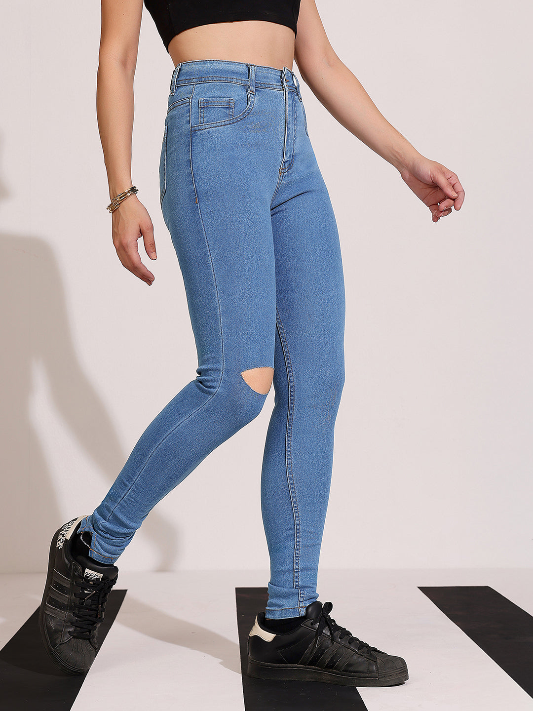 Women's Blue Skinny High-Rise Distressed Regular Denim Jeans