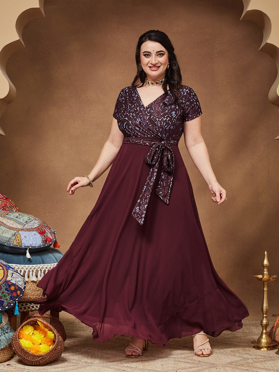 Wine Colored V-Neck Short Sleeve Self Designed Lace Overlaid Maxi Georgette Dress for Women