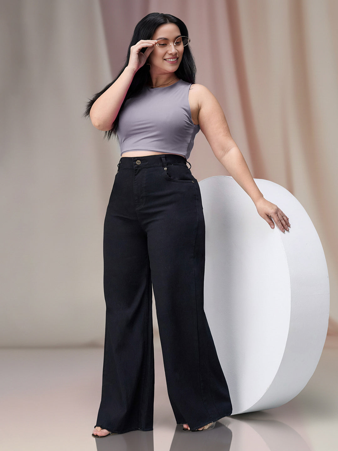 Black High Rise Stretchable Wide Leg Denim Jeans for Women