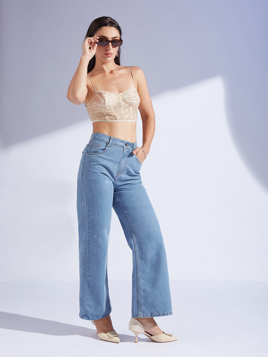 Women's Light Blue Wide-Leg High-Rise Non-stretchable Denim Jeans
