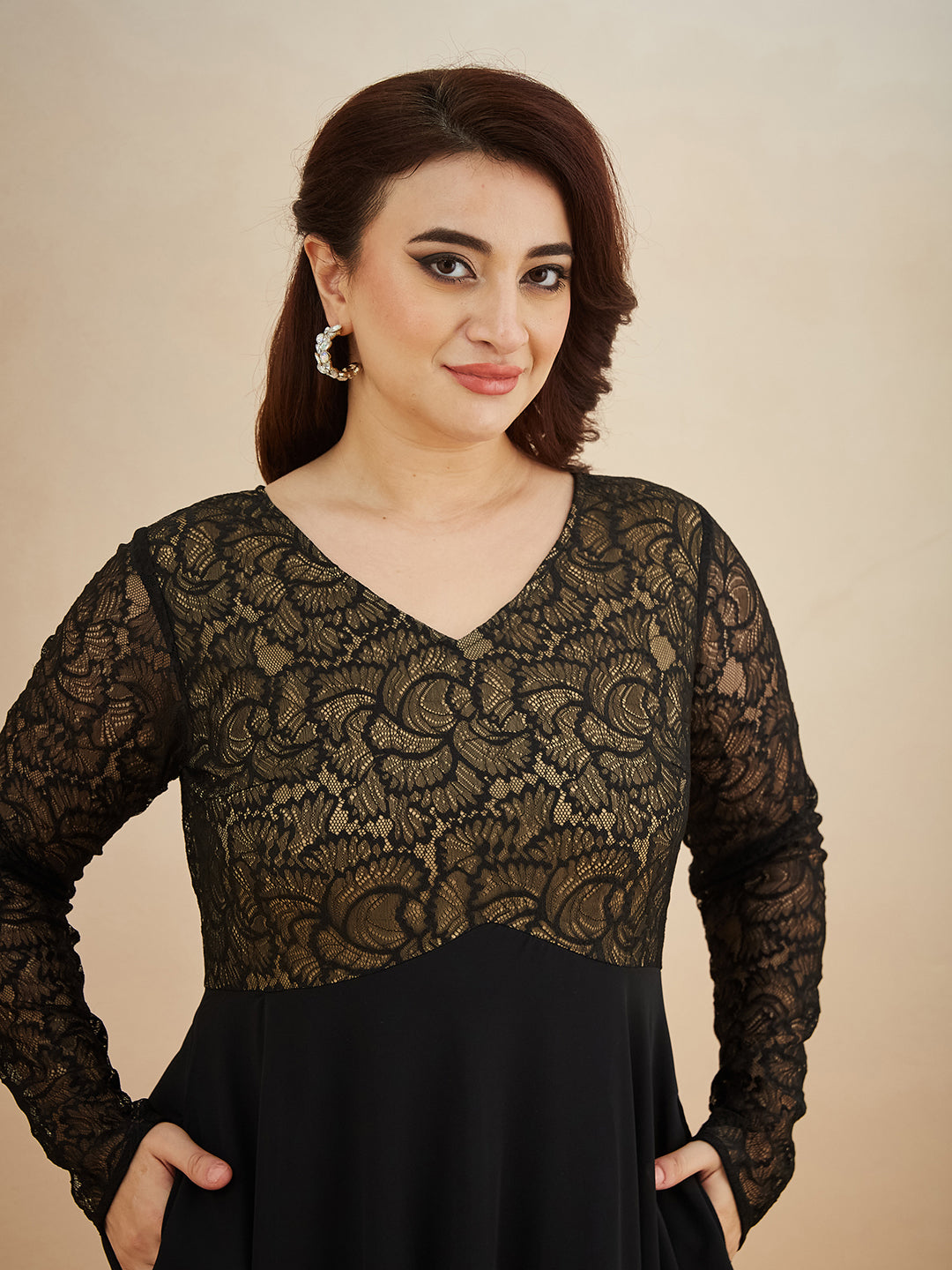 Black V-Neck Full Sleeve Self Design Lace-Overlaid Georgette Maxi Dress for Women