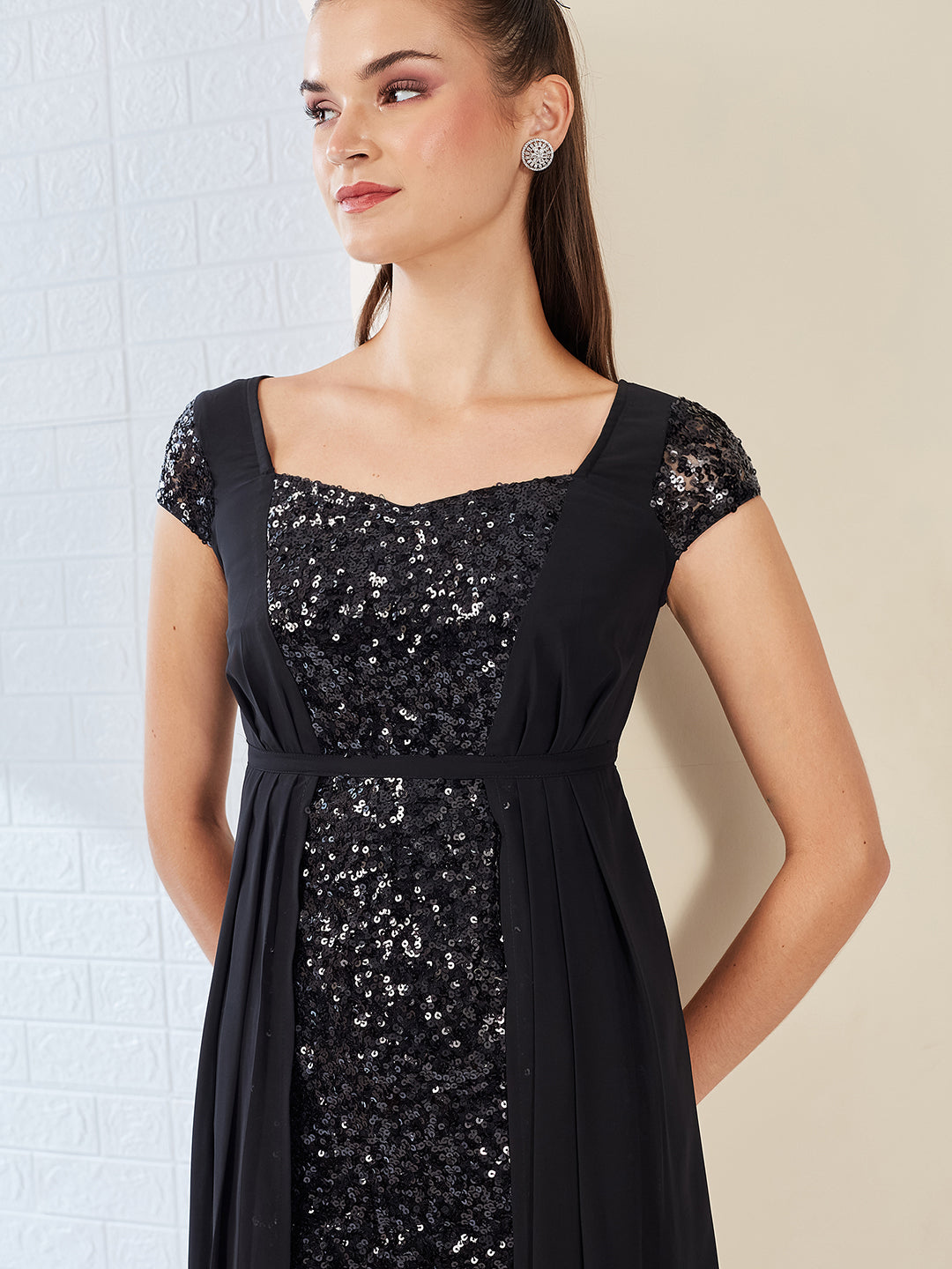 Black Embellished Fit & Flare Maxi Dress for Women
