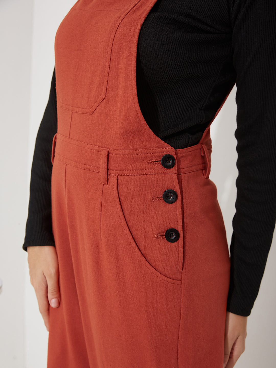 Women's Rust Square Neck Sleeveless Solid Wide Leg Full Length Cotton Dungaree