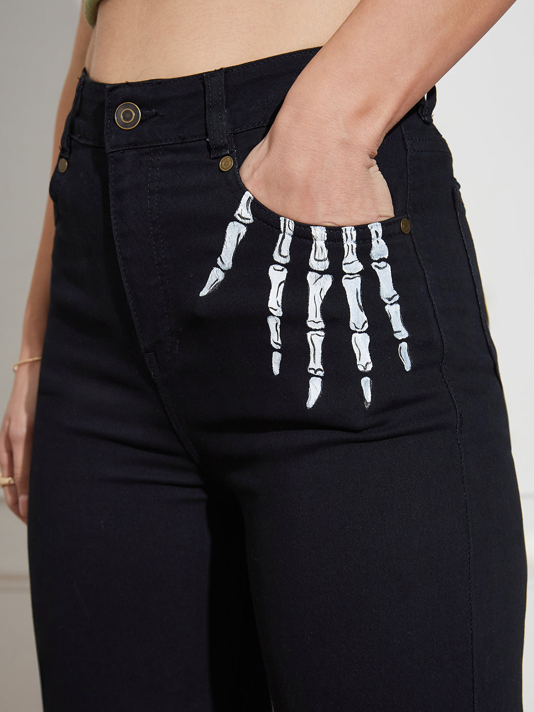 Women's Black Wide Leg High Rise Hand Painted Skeleton Art Stretchable Denim Jeans