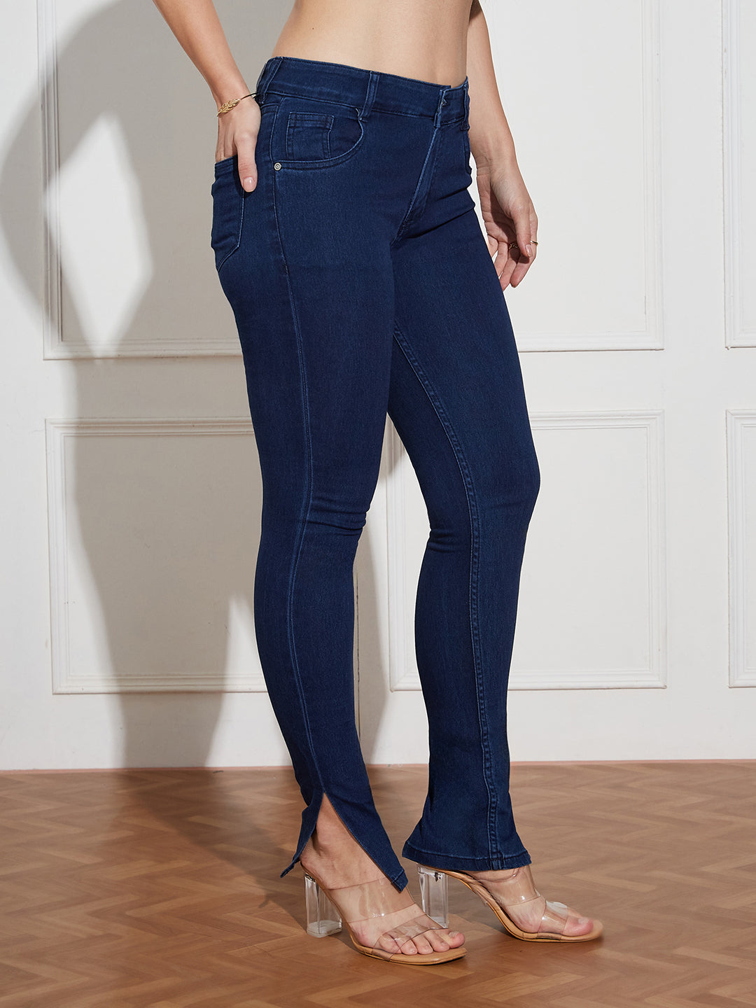 Women's Navy Blue Skinny Fit Mid Rise Cropped Length Side Slit Denim Stretchable Jeans