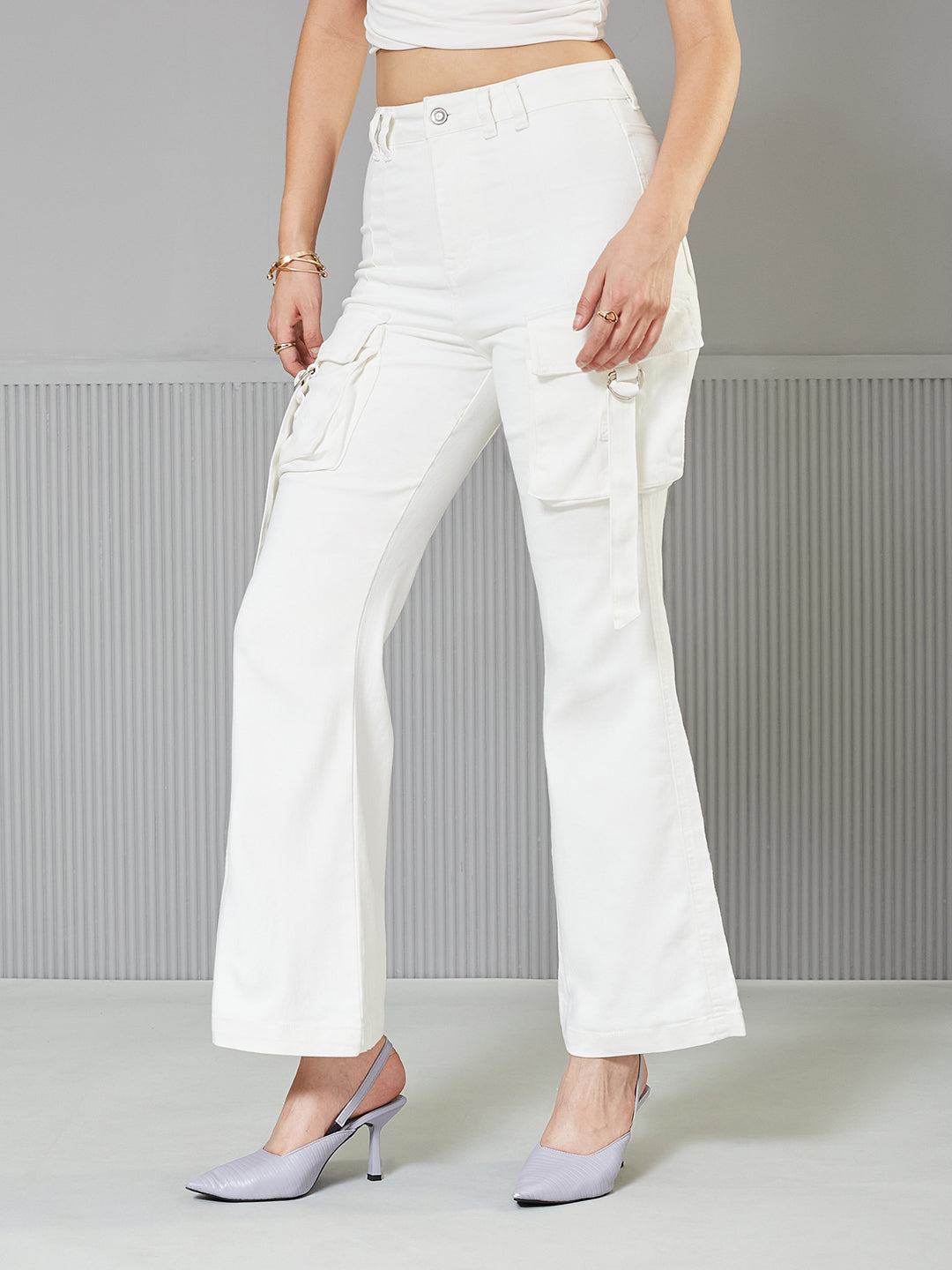 Women's White Bootcut High-Rise clean-look Regular Stretchable Denim Jeans