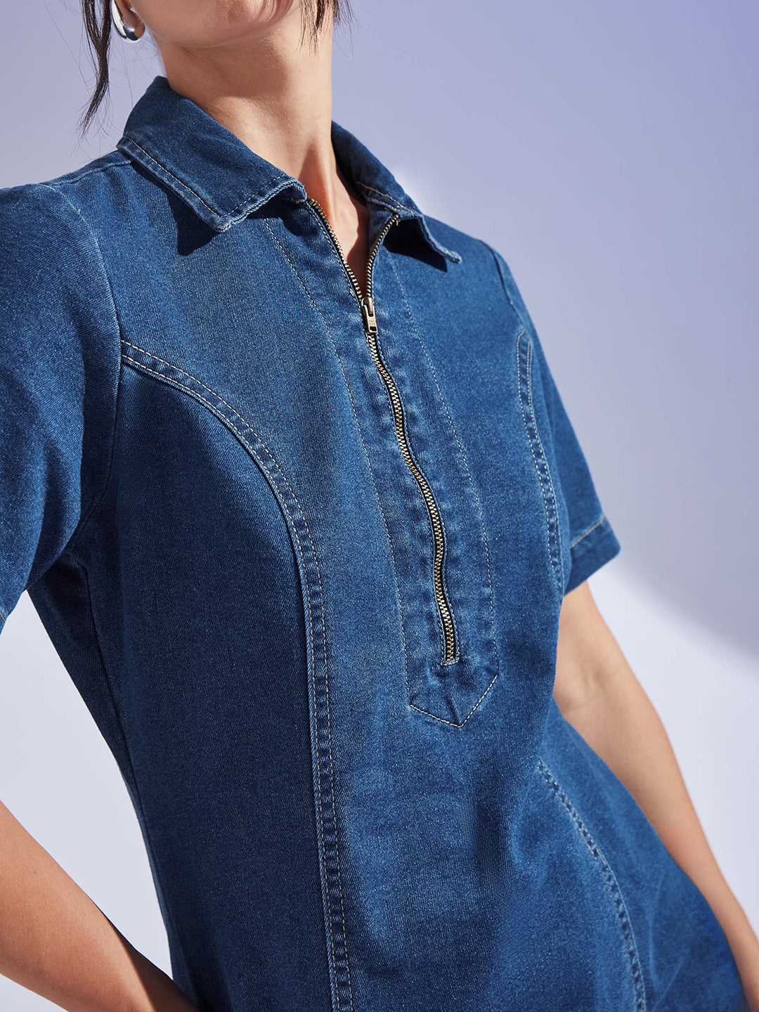 Women's Dark Blue Collared Half Sleeve Princess Seam Sheath Mini Dress