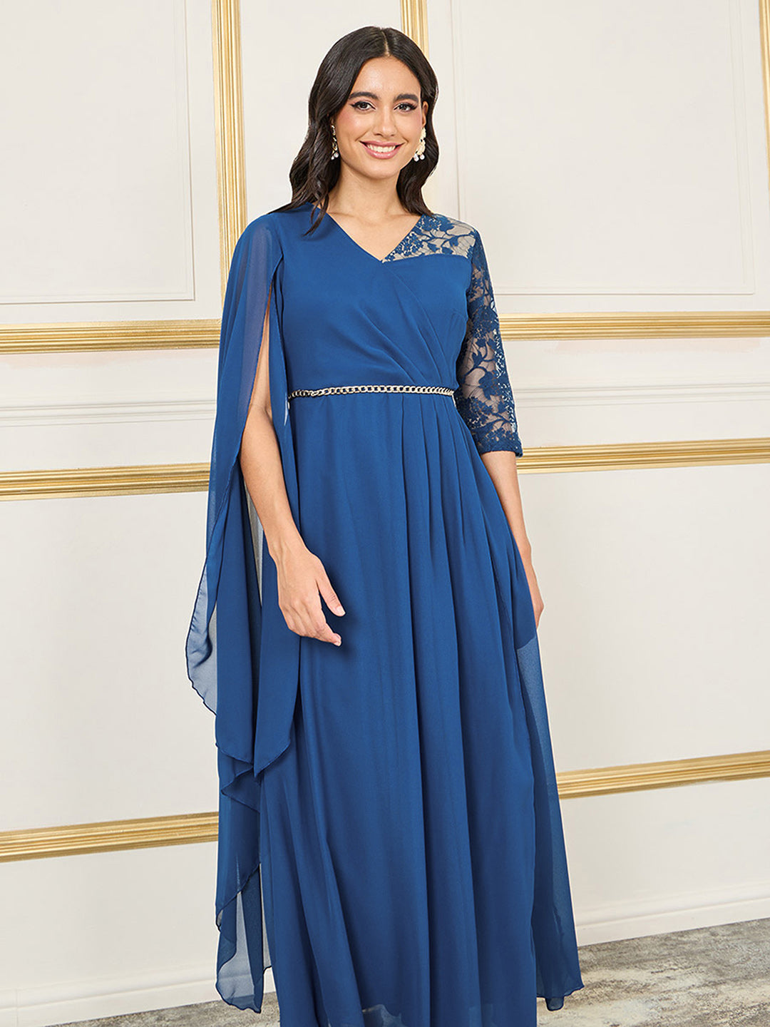 Women's Royal Blue V-Neck Asymmetric Embellished Maxi Georgette Dress