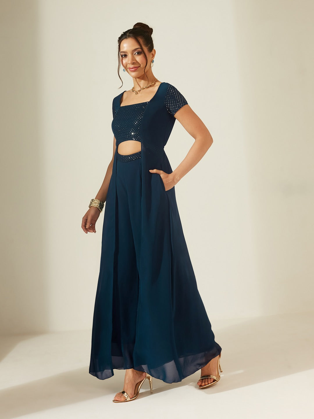 Teal Embellished Square Neck Short Sleeve Georgette Cut Out Relaxed Fit Regular Jumpsuit for Women