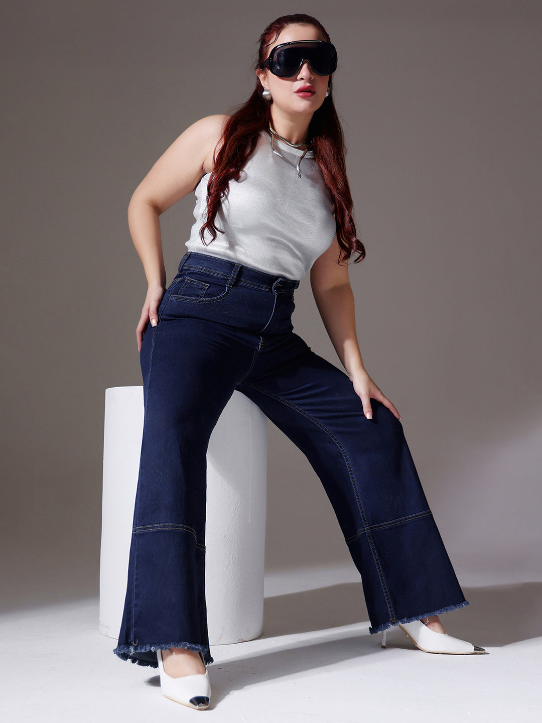 CHASEstretch™ Navy-Blue Wide-Leg High-Rise Stretchable Denim Jeans for Women