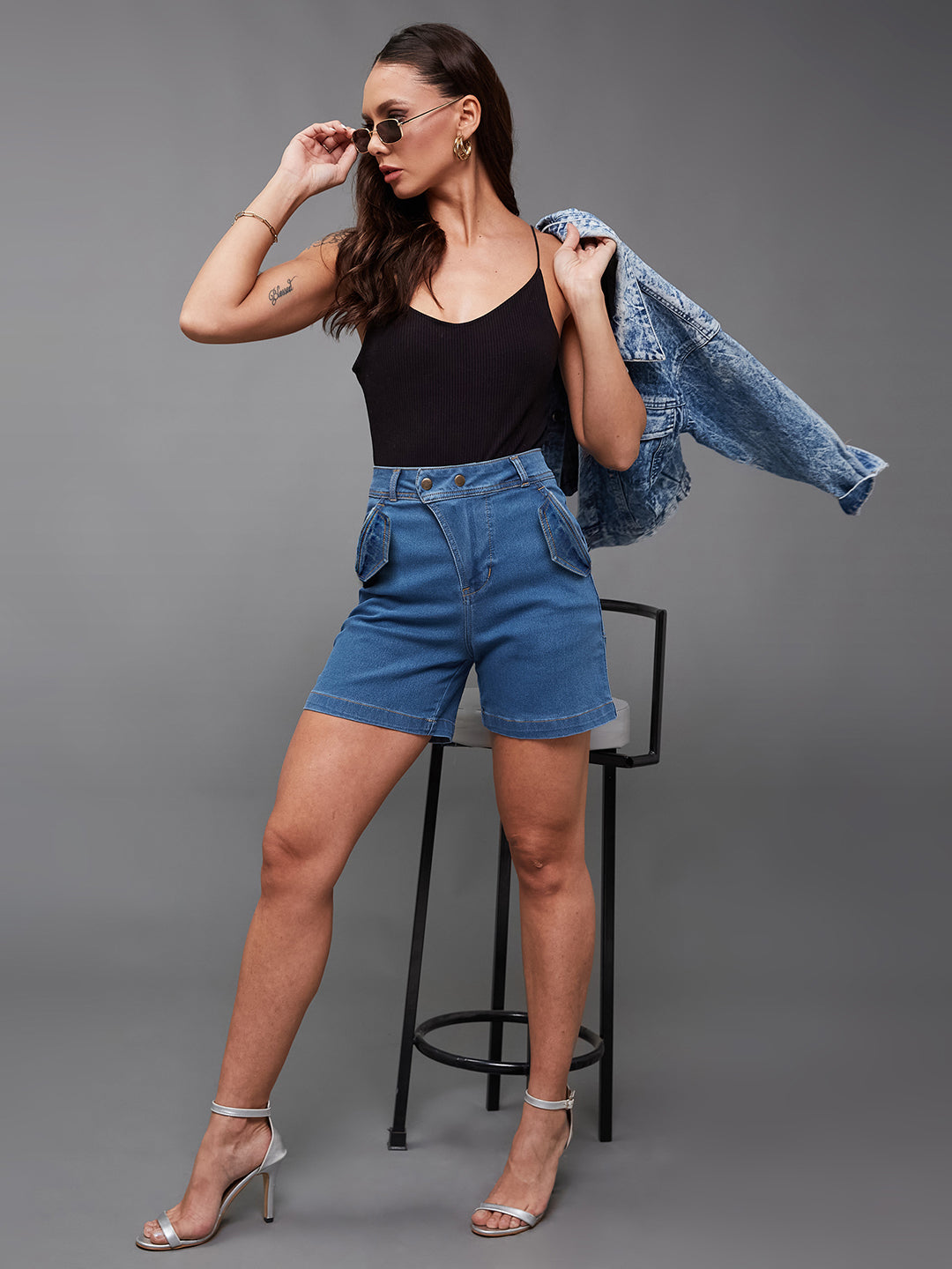 Women's Relaxed-Fit Mid-Rise Clean-Look Stretchable Blue Denim Bermuda Shorts