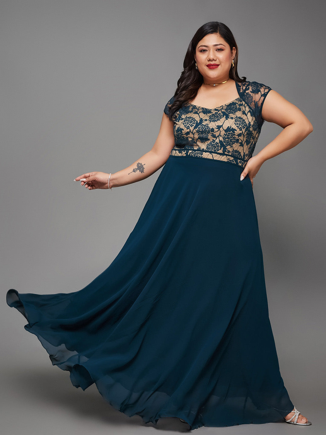 Teal Floral V - Neck Cap Short Sleeves Lace Overlaid Fit & Flare Paneled Maxi Dress for Women