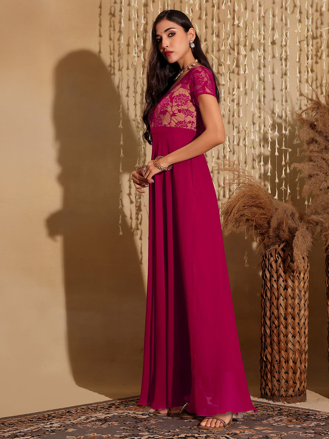 Women's Dark Pink Square Neck Raglan Short Sleeve Self Design Lace Overlaid Georgette Maxi Dress
