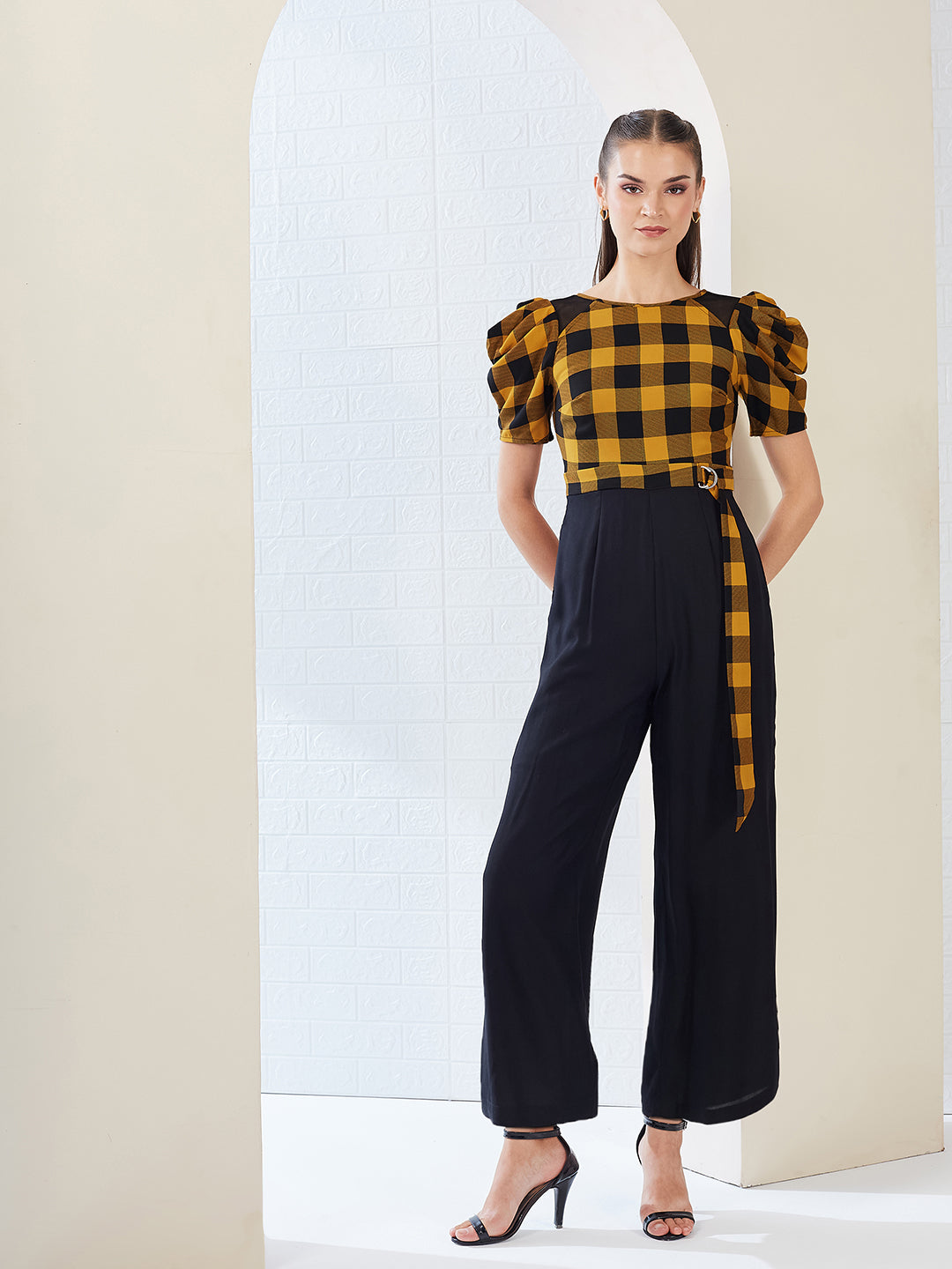 Black & Mustard Round Neck Cowl Sleeve Checkered Wide-leg Viscose-Rayon Regular Length Jumpsuit for Women — Miss Chase