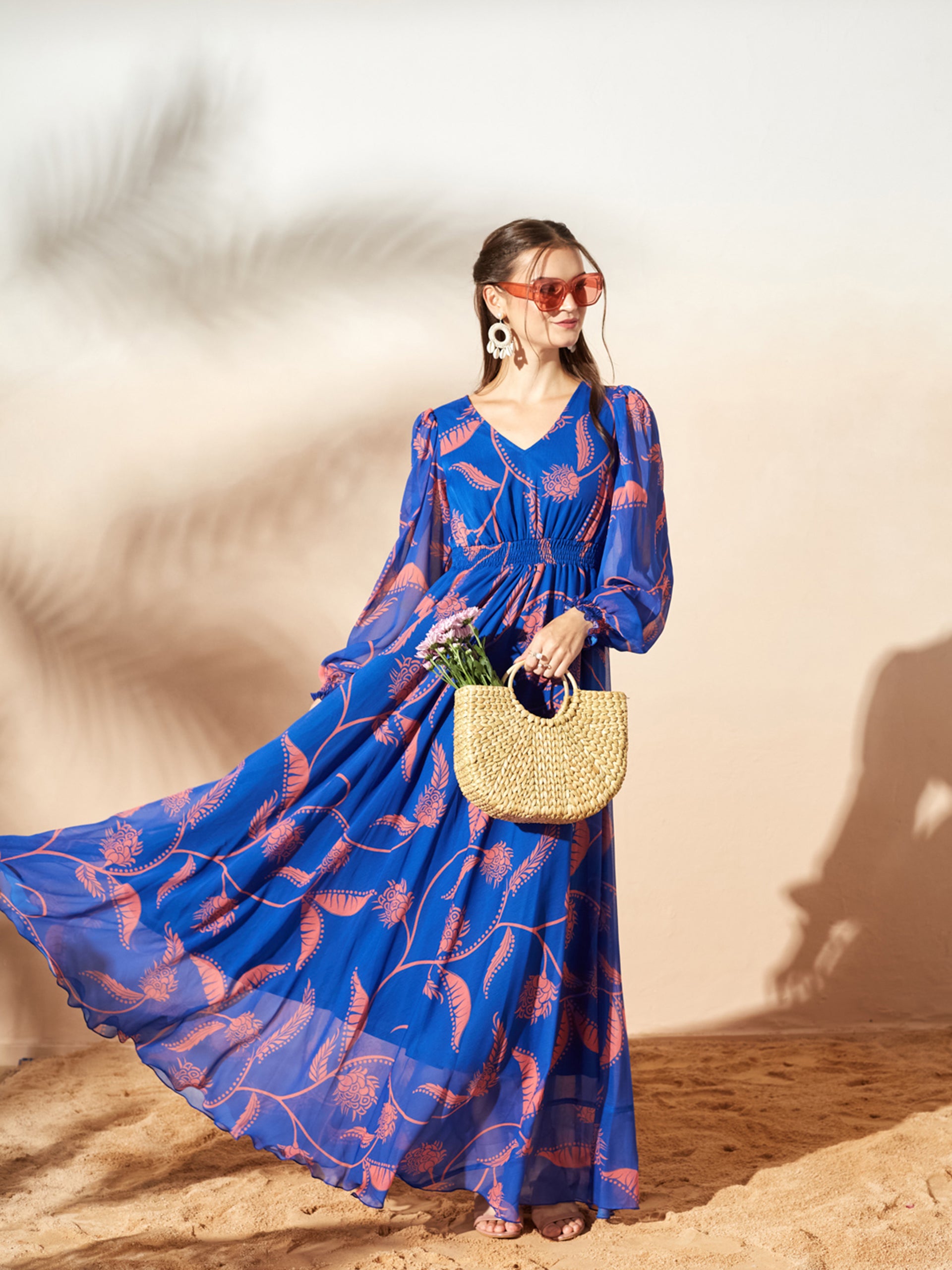 Royal Blue & Coral Full Sleeves Floral Printed Fit and Flare Dress for Women