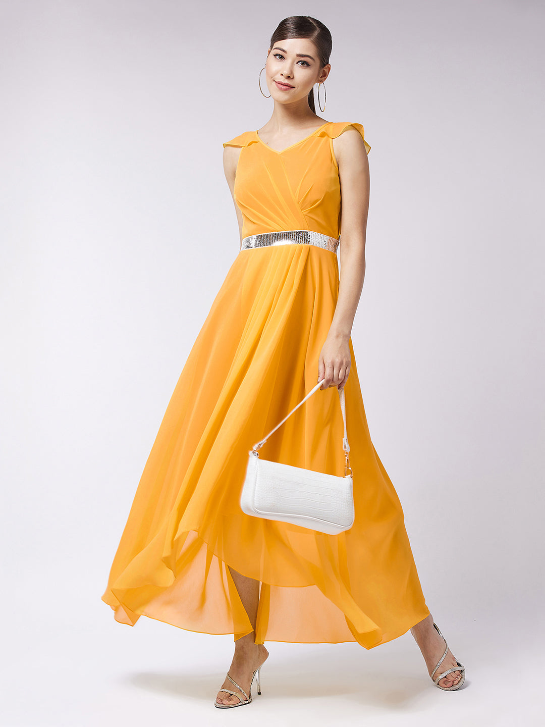 Women's Mustard V-Neck Ruffled Sleeve Silver Sequined Party Maxi Dress