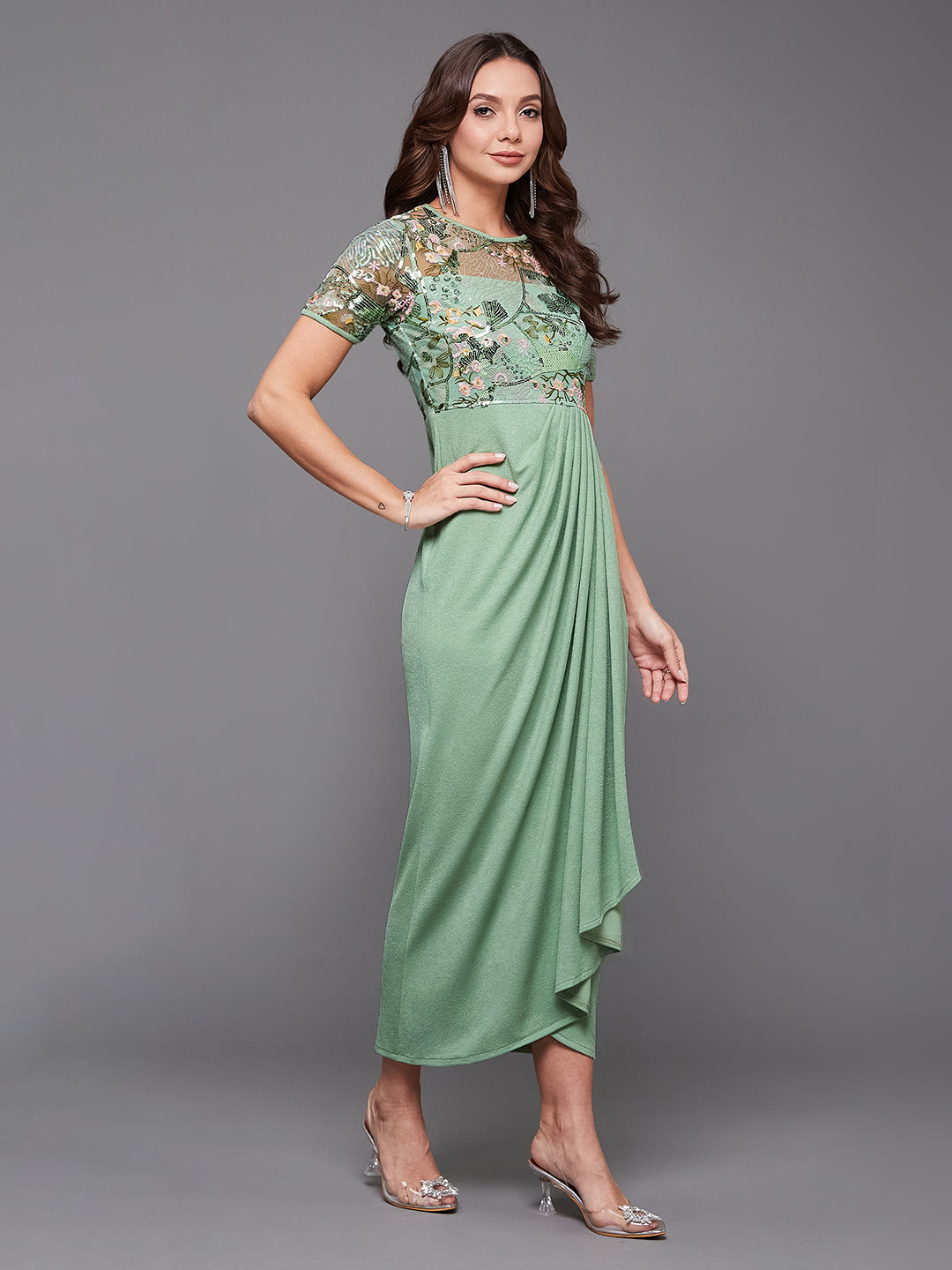 Women's Mint Round-Neck Half-Sleeve Embroidered Draped Polyester Midi Dress