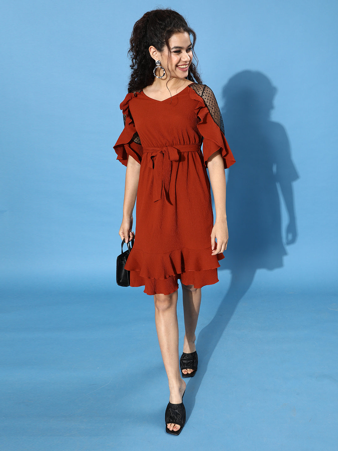 Women's Rust V-Neck Ruffled Wrinkled Ruffled Midi Dress