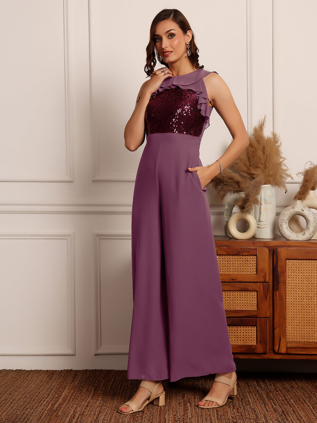 Women's Mauve Sleeveless Embellished Ruffle-Styled Regular-Length Jumpsuit