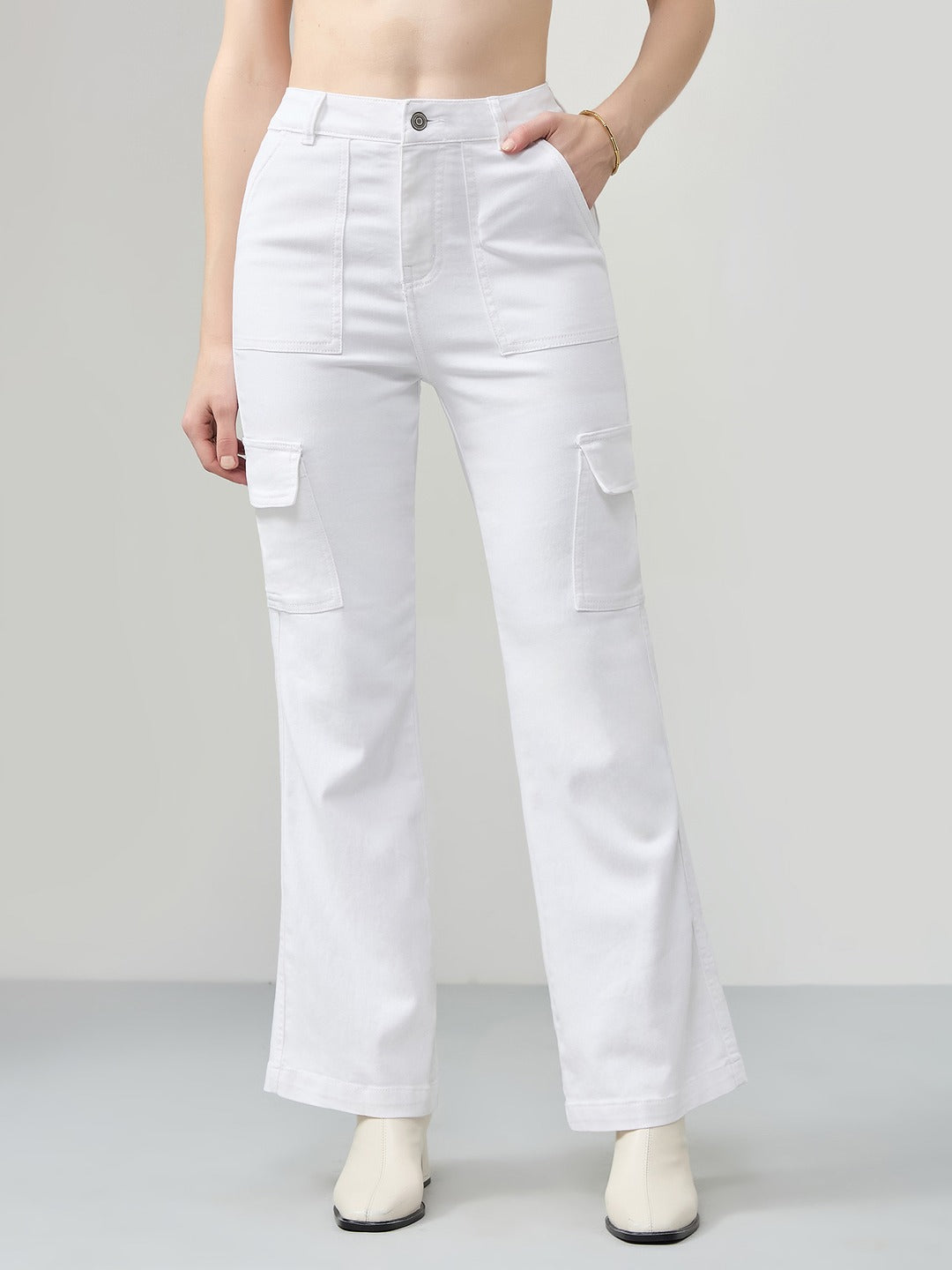 White Wide-Leg High-Rise Stretchable Denim Jeans for Women