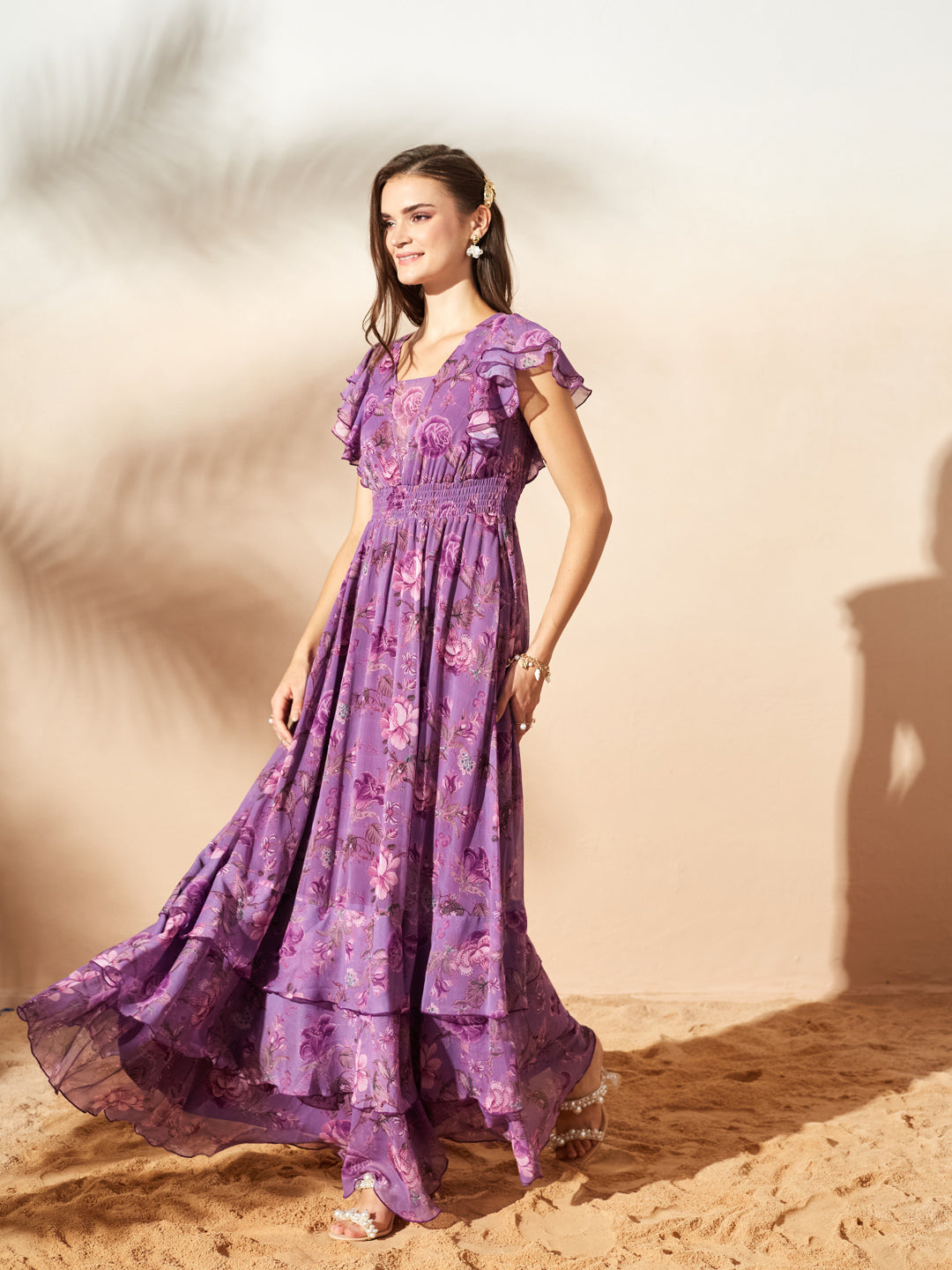 Lavender Tapered Square Neck Layered Ruffle Floral Ruffled Maxi Chiffon Dress for Women — Miss Chase