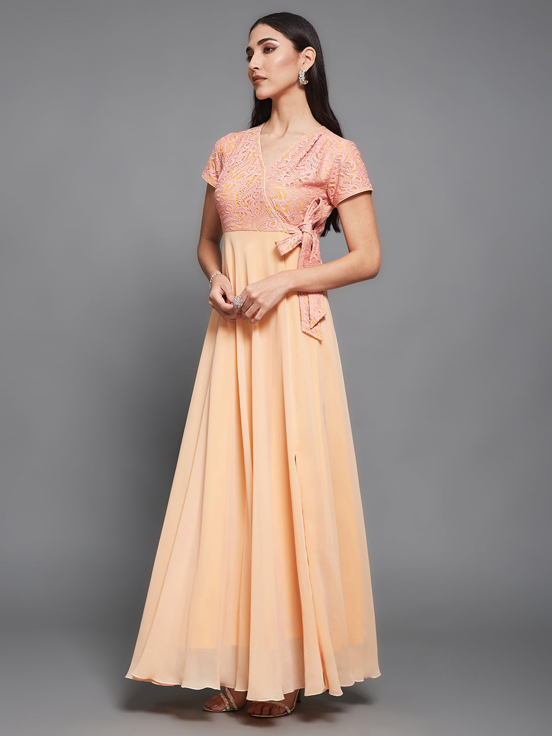 Women's Peach Wrap-Styled Short Sleeve Self-Designed Maxi Georgette Dress