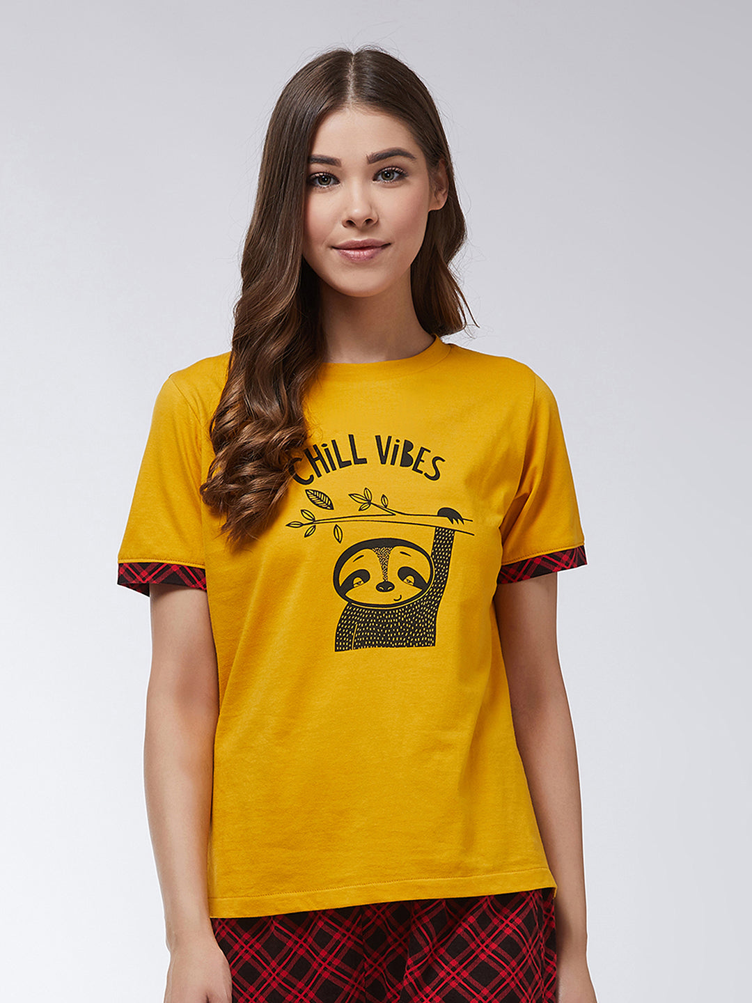 Women's Mustard Yellow Round Neck Short Sleeves Regular Length Printed T-shirt