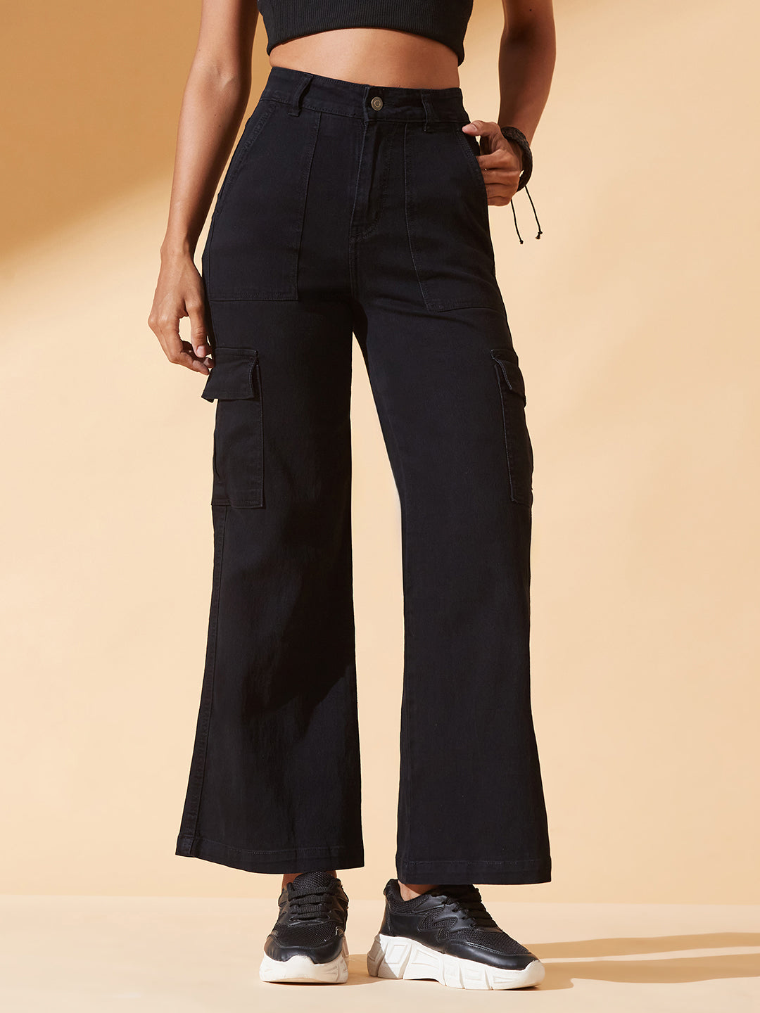 Black Wide leg High-Rise Regular Stretchable Denim Jeans For Women