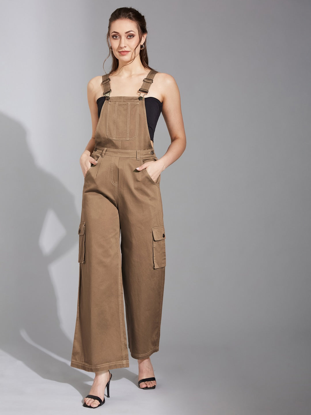 Olive Square Neck Sleeveless Solid Wide-Leg Regular-Length Cotton Dungaree for Women