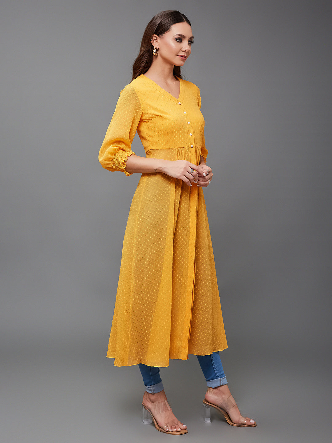 Mustard Yellow V-Neck 3/4 Sleeves solid empire Maxi Top for Women