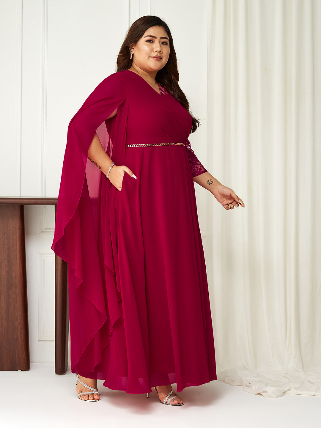 Women's Dark Pink V-Neck Asymmetric Self-Designed Georgette Maxi Dress